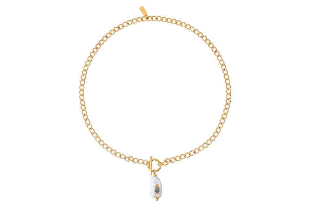 Leticia Ponti Collier Nina chaîne en plaqué or et pendentif perle baroque avec goutte labradorite.  Longueur 42 cm.