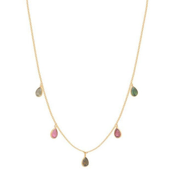 Collier Sara en laiton plaqué or 18 carats 3mc. Ce collier est composé de cinq goutte en tourmaline. 