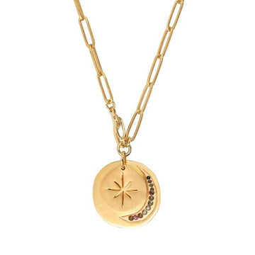 Collier Luna double médaille.  Médaille mate brossées avec une étoile ajourée, deuxième médaille finition brillant serties d'une lune en tourmaline. Chaîne maillon rectangulaire.  Longueur 40 cm